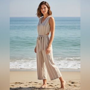 Paisie London Mauve Stripe Culotte Cropped Jumpsuit Belted Wide Leg UK 8